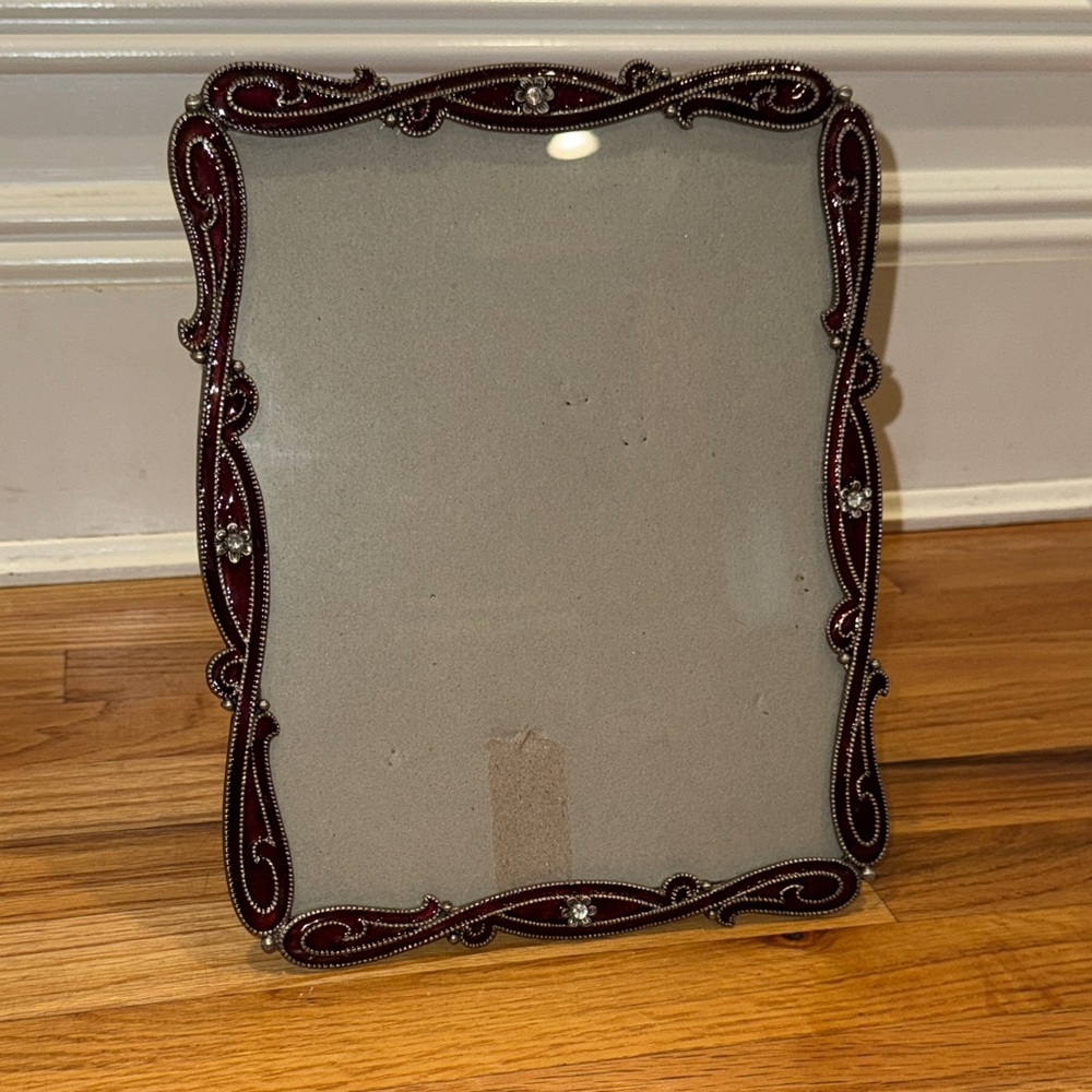 Vintage Metal Burgundy Enamel & Crystal 8” X 10”Picture Frame Silver Decorative